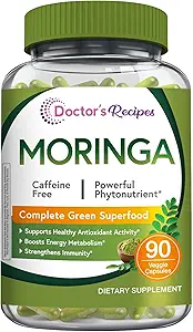 Recetas del doctor Moringa 11,000 mg Fuerza, Superalimentos Verdes Completos, Soporte Antioxidante Natural, No GMO, 90 cápsulas veganos, No Caffeine Soy Gluten