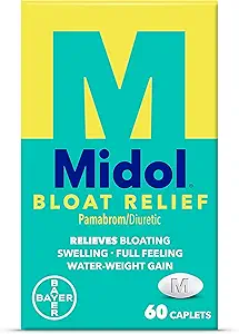 Midol Bloat Relief Caplets con Pamabrom, Aliviar los síntomas antes y durante su período, proporciona hasta 6 horas de alivio para las mujeres, 60 cuenta