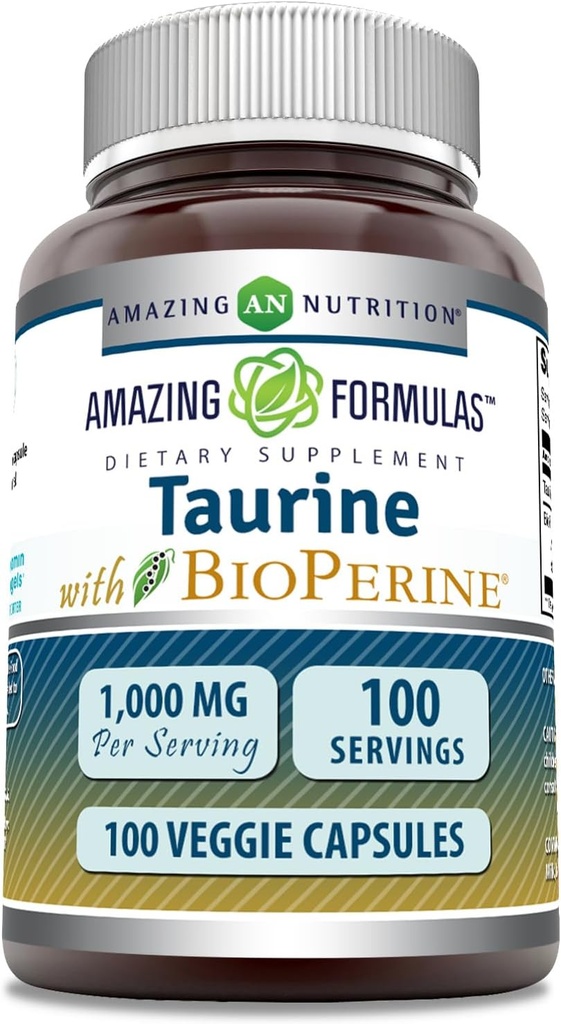 Amazing Fórmulas Taurine con Bioperine Suplemento Silencio 1000 Mg Por Serving ← 100 Veggie Capsules Silencio No-GMO Silencio Gluten Gratis Silencio Made in USA