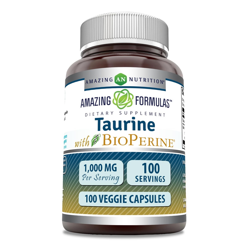 Amazing Fórmulas Taurine con Bioperine Suplemento Silencio 1000 Mg Por Serving ← 100 Veggie Capsules Silencio No-GMO Silencio Gluten Gratis Silencio Made in USA
