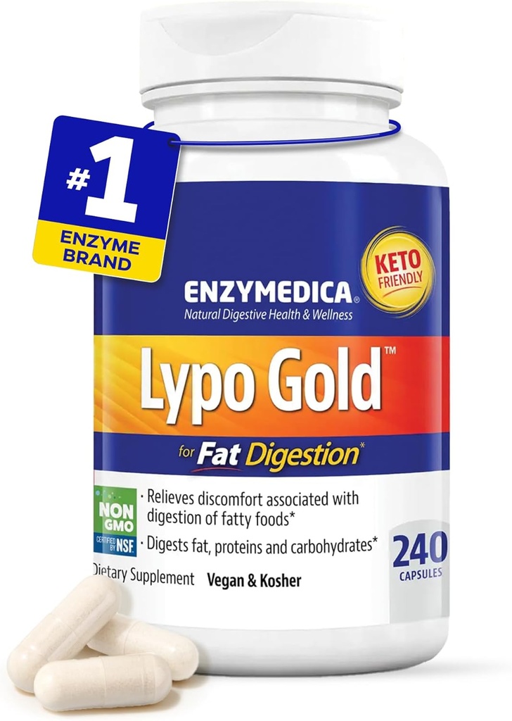 Enzymedica Lypo Gold, High Potency Lipase Digestive Enzymes for Fat Digestion, Supports Occasional Bloating Relief & Digestive Health, Keto-Friendly, Vegan, 240 cápsulas