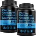 12-en-1 Suplemento Nootropic Cerebro Anhydrous: Ginkgo Biloba para soporte cerebral, memoria y foco - B12, Alpha GPC, L Theanine y suplementos de línea con bioperina No Caffeinated 1321mg (120ct)