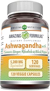 Fórmulas asombrosas Ashwagandha Suplemento Silencio Contiene Turmeric, Ginger, Rhodiola, " Black Pepper Silencio 5200 Mg Per Serving Silencio Veggie Capsules ← Non-GMO  Gluten-Free TEN Made in USA (1 Pack Silencio 120 Count)