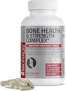 Bronson Bone Health & Strength Complex* High Potency Formula 200 MCG of Vitamin K2 as MK7, Plus Calcium, Boron, Cissus Quadrangularis, Magnesium, Vitamin D3, and More - Non-GMO, 120 Tablets