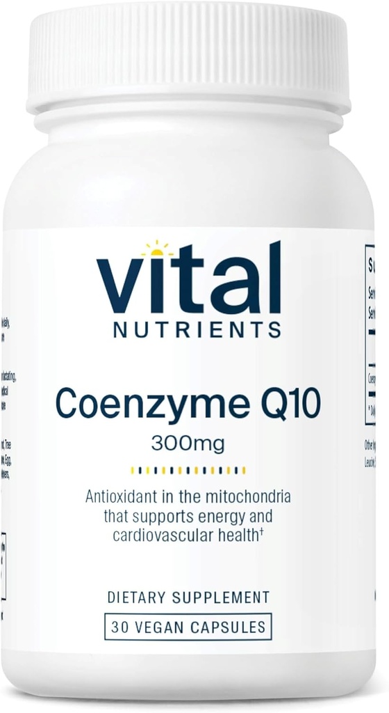 Nutrientes vitales CoQ10 300mg ← Suplemento Vegan ← Potente Antioxidante de CoEnzyme Q10 para apoyar los niveles de salud y energía del corazón* Silencio Gluten, Dairy y Soy Gratis Silencio No-OMM ANTE 30 cápsulas