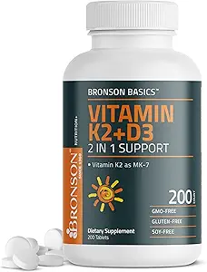Bronson Vitamina K2 D3 (MK7) Suplemento No GMO Fórmula Vitamina D3 5000IU (125 mcg) & 90 mcg K2 MK-7, Complejo D & K Easy to Swallow, 200 Tablets