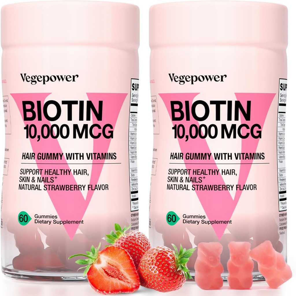 Biotina Gummies 10000mcg Suplementos - con Vitamina C, A, D, B-Complex, Folate, Zinc para Mujer y Vegan Biotina Crecimiento del cabello Gummy para el cabello y uñas saludables, No GMO, Fresa, 120 Bear