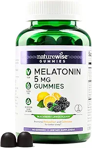 NatureWise Melatonin Gummies 5mg - Non-Habit Forming Sleep Support Supplement with Ashwagandha, Valerian Root - BlackBerry-Lemon Flavor - Vegan, Gluten Free, Non-GMO - 90 Count[45-Day Supply]