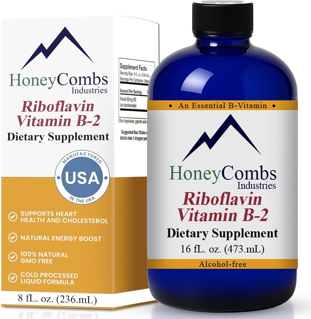 HoneyCombs Vitamina B2 Riboflavin Suplemento Liquid Drops - High Potency Vitamin B2 for Men &amp; Women - Maintain Healthy Digestion, Nervous System, Hair, Skin, Nails - Vegan Liquid Vitamins (16 Fl oz)