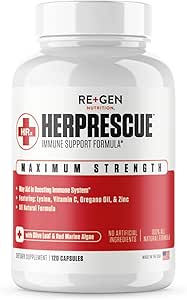 Re+Gen Nutrition HERPRESCUE Outbreak Support Supplement, Cold Sore Care for Adults, Natural Capsules w/Zinc, Vitamin C, " L lysine Amino Acid for Immune Health, 120 Capsules