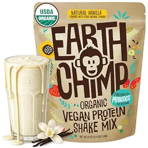 EarthChimp Organic Vegan Protein Powder - with Probiotics - Non GMO, Dairy Free, Non Whey, Plant Based Protein Powder for Women and Men, Gluten Free - 52 Servings 64 Oz (Vanilla)