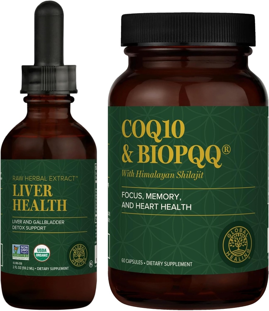 Global Healing Center - Liver Health &amp; CoQ10 &amp; BioPQQQ with Shilajit Kit - Liquid Drops for Healthy Blood Flow, Vein Circulation &amp; Advanced Heart, Brain Support for Concentration & Focus