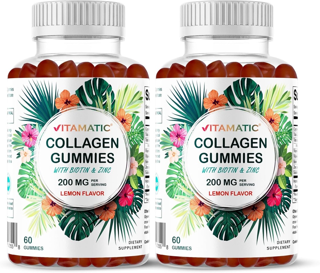 Vitamatic 2 Packs Hidrolyzed Collagen Gummies with Vitamin C, Zinc and Biotin, 200 mg - 60 Gummies (Total 120 Count)