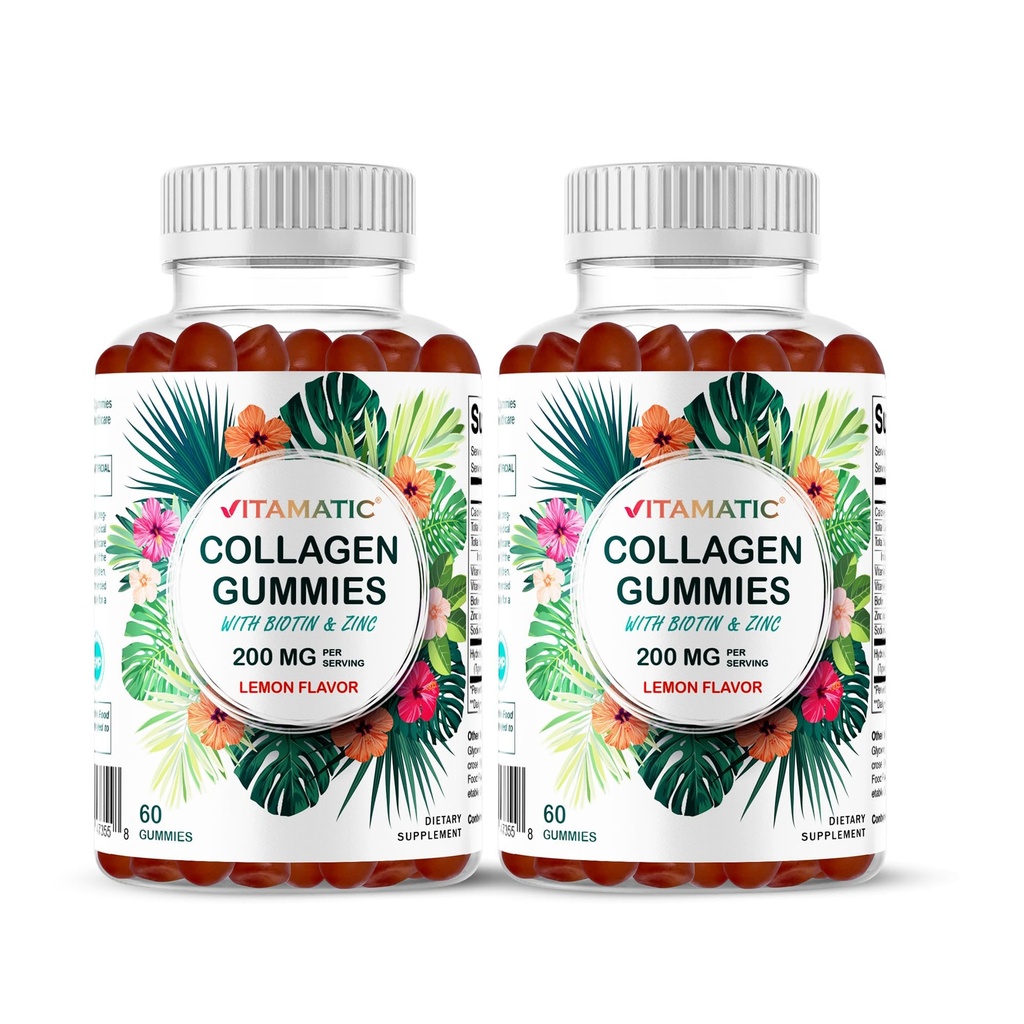 Vitamatic 2 Packs Hidrolyzed Collagen Gummies with Vitamin C, Zinc and Biotin, 200 mg - 60 Gummies (Total 120 Count)