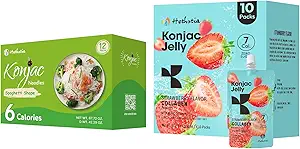 Hethstia Konjac Jelly Strawberry Flavor Collagen Peptides 10 Packs y Konjac Spaghetti Gluten Gratis 12 Packs, Baja Calorie, Sugar Gratis, Keto, Alimentos Saludables