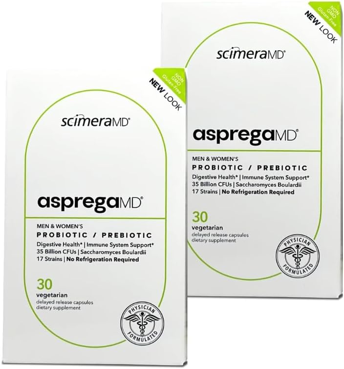 Asprega 30CT - Probiótico + Suplemento Prebiótico Silencio 17 Strains, 35 Billion CFUs Silencio Delayed Release ← Saccharomyces Boulardii Silencio para Hombres &amp; Mujeres Silencioso por ScimeraMD, 2-Pack