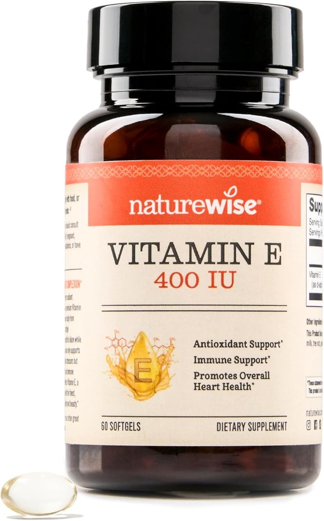 NatureWise Vitamina E 400 IU Softgels (180mg DL-Alpha) - Dairy, Gluten, and Soy Free, Non-GMO Antioxidant Dietary Supplement for Skin, Heart, Eye, and Immune Health Support - 2-Month Supply, 60 Count