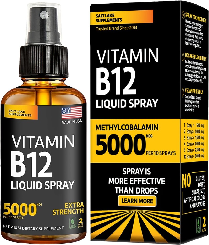 Vitamina B12 Spray sublingual 5000 mcg – Metilcobalamina Vegan Líquida B12 Boost Energy, Mood & Brain Health - Gluten-Free, Non-GMO B12 Spray for Men &amp; Women - Easy Dosage (5000 mcg en 10 Sprays)