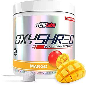 EHP Labs OxyShred Pre Workout Powder - Preworkout Powder con L Glutamine &amp; Acetyl L Carnitine, Energy Boost Drink - Mango, 60 Servings