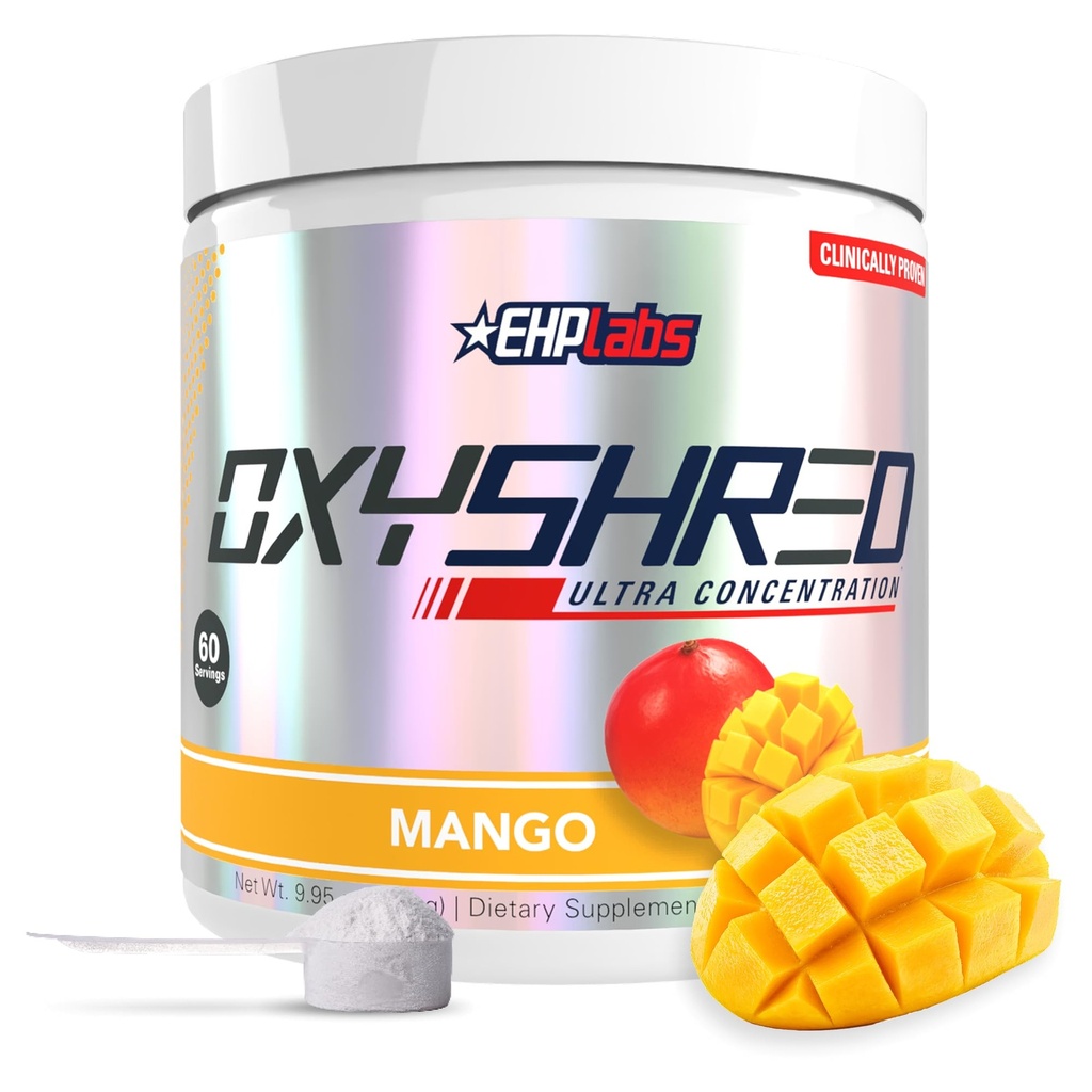 EHP Labs OxyShred Pre Workout Powder - Preworkout Powder con L Glutamine &amp; Acetyl L Carnitine, Energy Boost Drink - Mango, 60 Servings