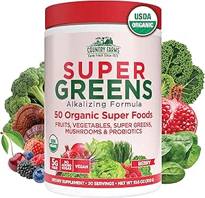 Agroturismo Super Greens Berry Flavor, 50 Ecológico Super Foods, Empaquetado con fibra, USDA Organic Drink Mix, Fruits, Vegetables, Mushrooms & Probiotics, Supports Energy, 5g Fiber