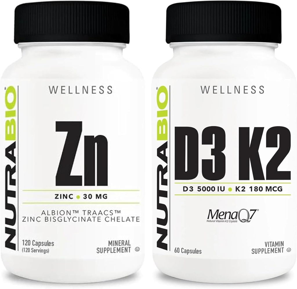 NutraBio Zinc Chelate y Vitamina D3 K2 Suplemento Mineral Bundle - mayo Ayuda con crecimiento adecuado, desarrollo, sistema inmunológico y bonificación y salud cardíaca