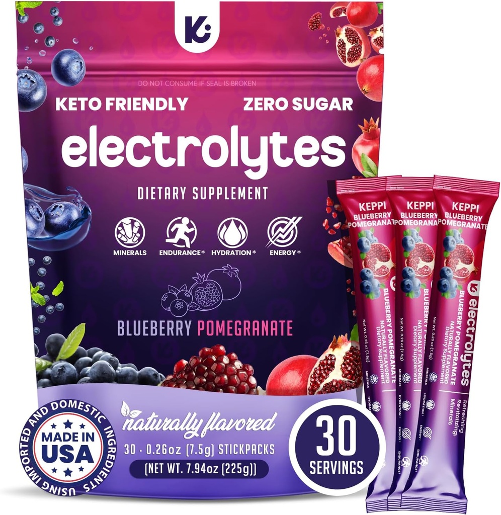 Keppi Electrolytes Paquetes de Polvo – Blueberry Pomegranate 30 Servings – No Sugar Hydration Suplemento con Potasio, Magnesio, Sodium – Keto, Vegan, Fasting-Friendly, Zero Calorie Hydration Packets
