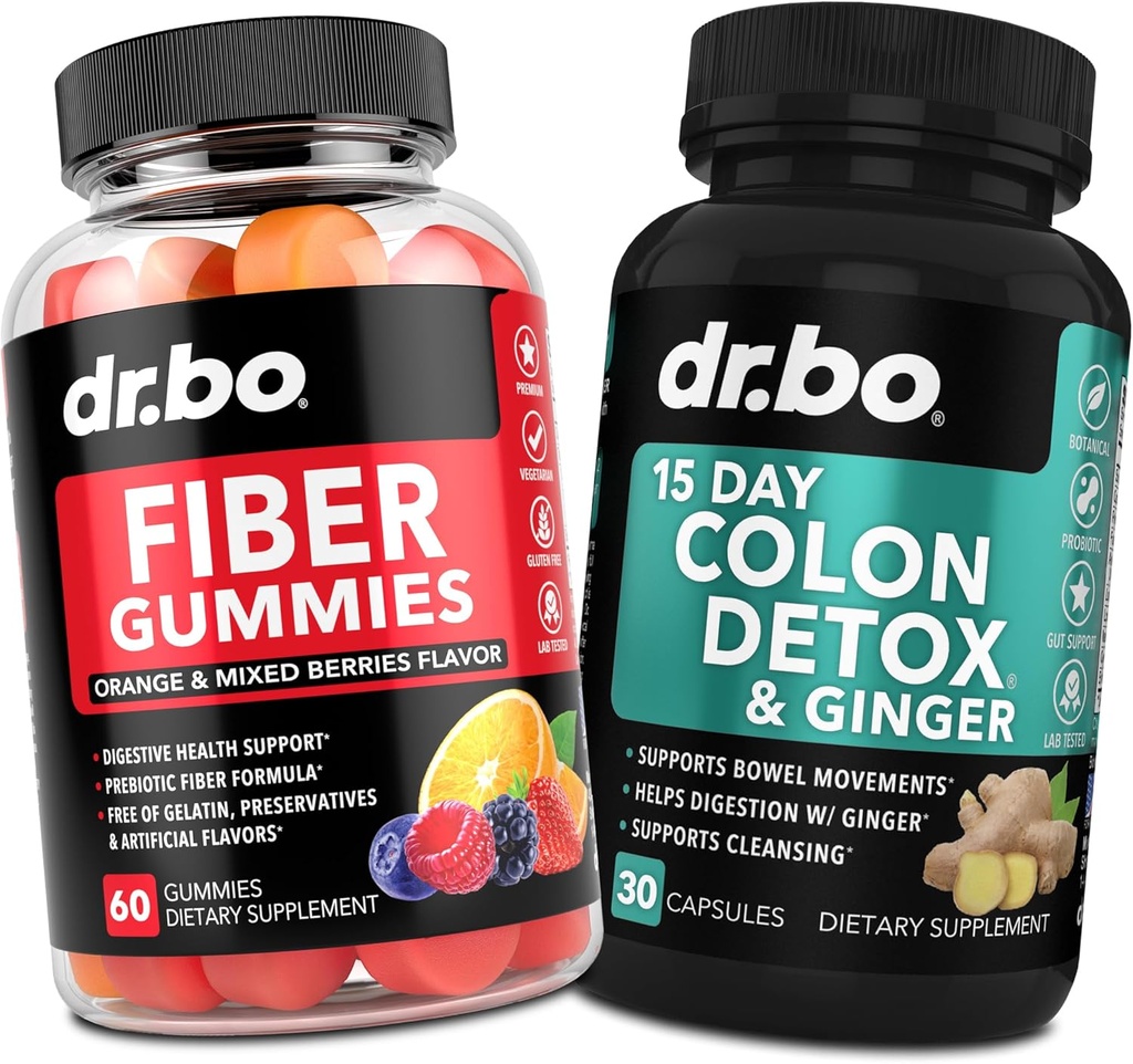 DR. BO Fiber Gummies Colon Cleanse & Ginger - Tasty Gummy Prebiotic Fiber Supplement - Bowel Movement Support for Gut & Stomach Cleanse