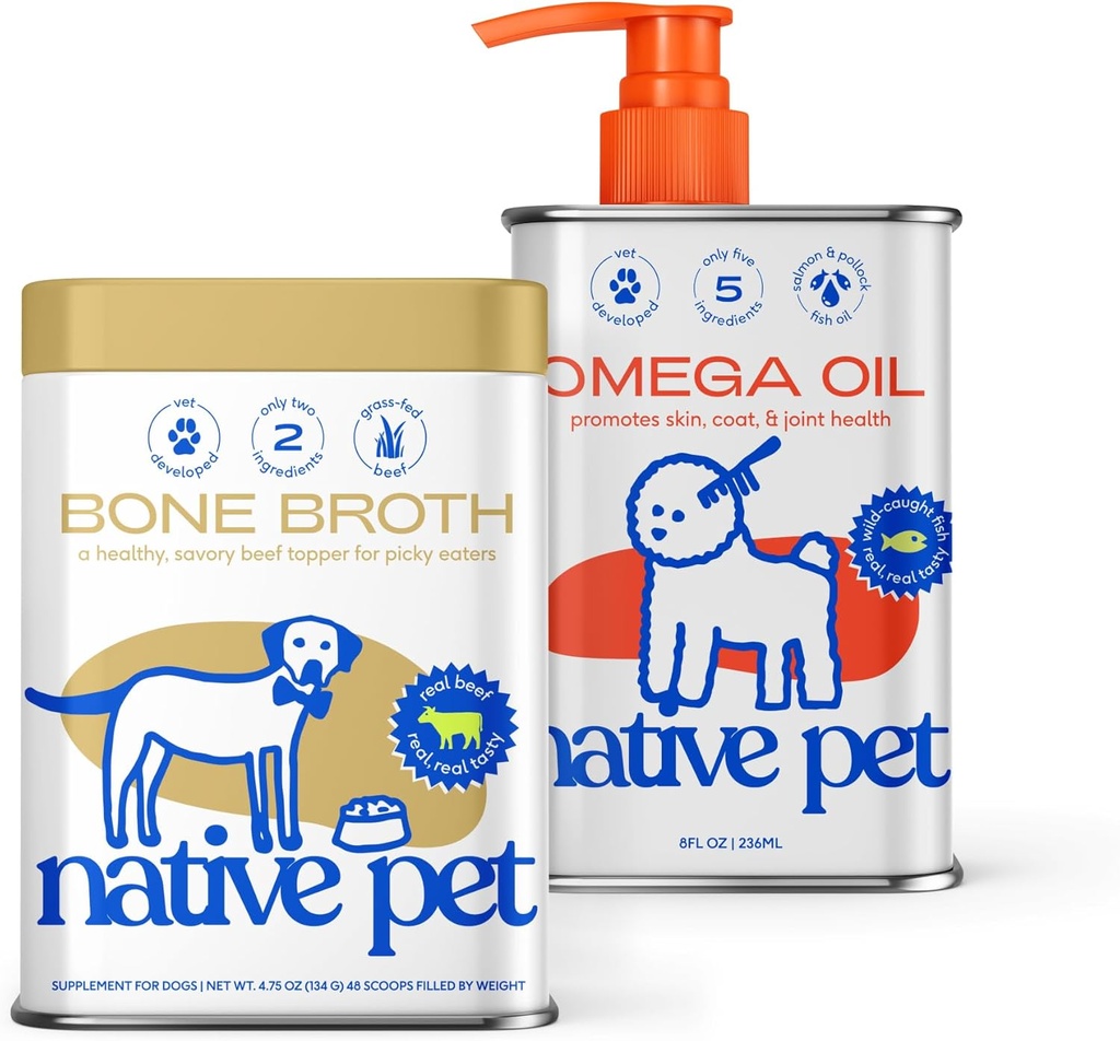 Native Pet Omega Oil for Dogs (8 oz.) " Beef Bone Broth for Dogs (4.75 oz.) - Hecho con Wild Alaskan Salmon Oil - EPA DHA y Bone Broth Powder Food Topper para Picky Eater