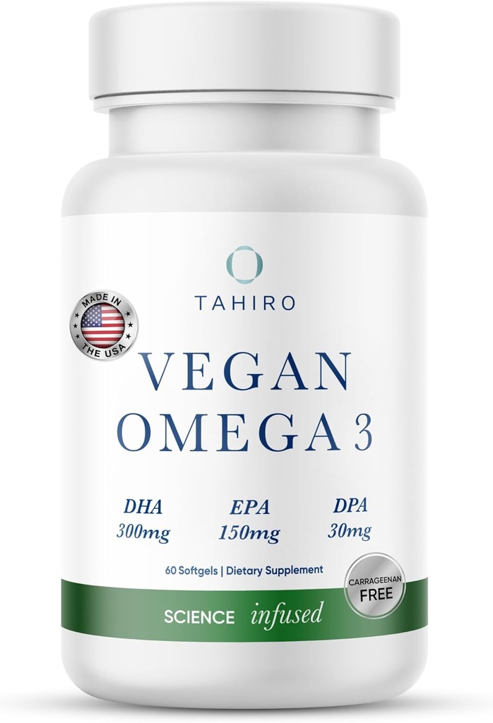 TAHIRO Vegan Omega-3 Softgels - Suplemento de base vegetal con DPA, DHA &amp; EPA - Nutrientes para hombres, mujeres y mujeres embarazadas - Apoya la salud cerebral - Suplementos conjuntos prenatales " , 1000 mg