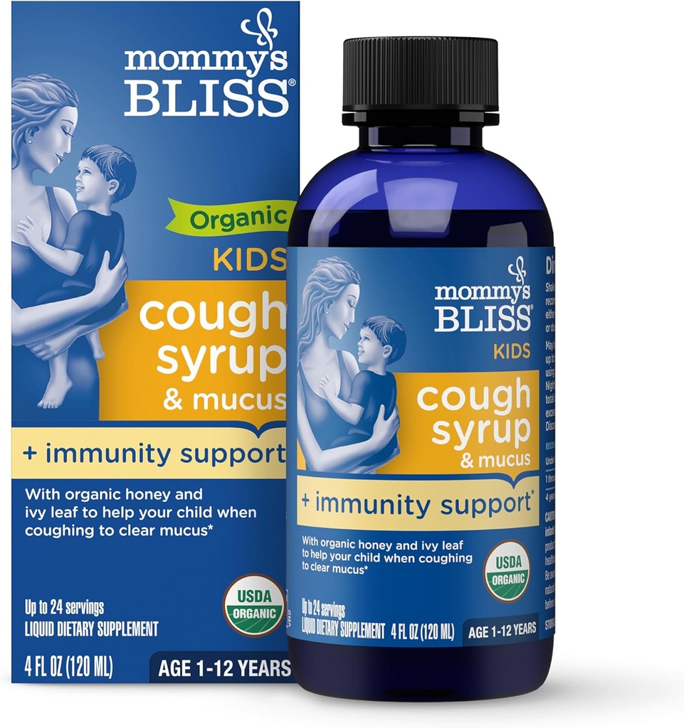 Mami's Bliss Organic Kids Cough Syrup and Mucus Relief + Immunity Support, Agave & Honey, Ivy Leaf, Elderberry, Zinc, Vitamina C, 4 Fl Oz