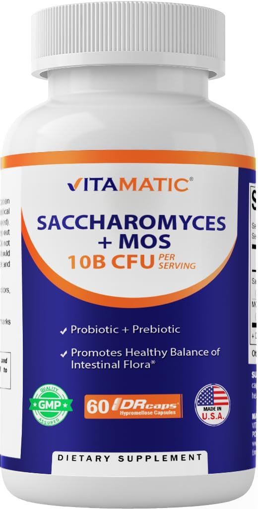 Vitamatic Saccharomyces Boulardii Probiotic 10B per Serving + Leeast Extract (MOS Yeast Fraction) 300 mg - 60 DR Capsules - Made in The USA