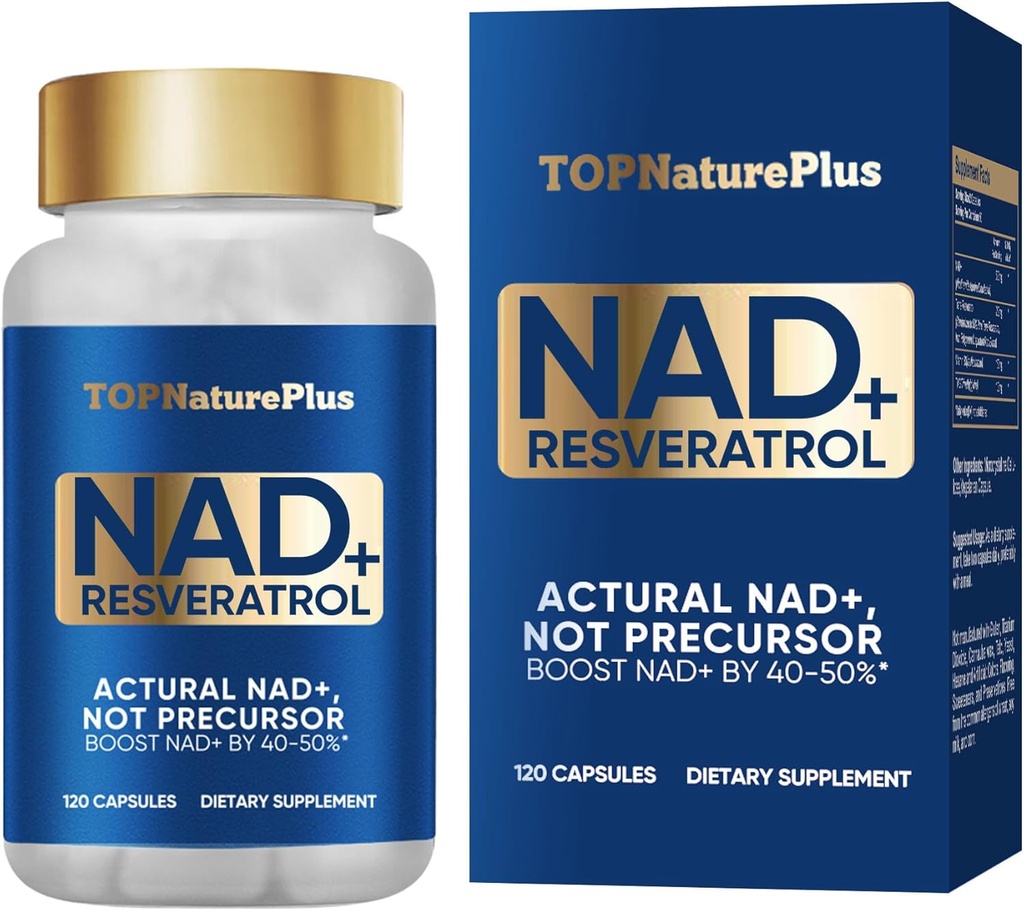 NAD+ Suplemento 1000 mg Puro Suplemento orgánico, más alto NAD+ Resveratrol Max Absorción para la energía y reparación de ADN, Defensa del envejecimiento, Apoyo a la función cerebral, 120 cápsulas