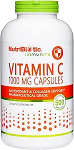 NutriBiotic - Vitamina C 1000 Mg Capsules, 500 Conteo Silencio Esencial, Antioxidante &amp; Collagen Apoyo Suplemento Silencio Farmacéutico Grado L-Ascorbic Acid, 1000 Mg Por Serving TEN Gluten &amp; GMO Gratis