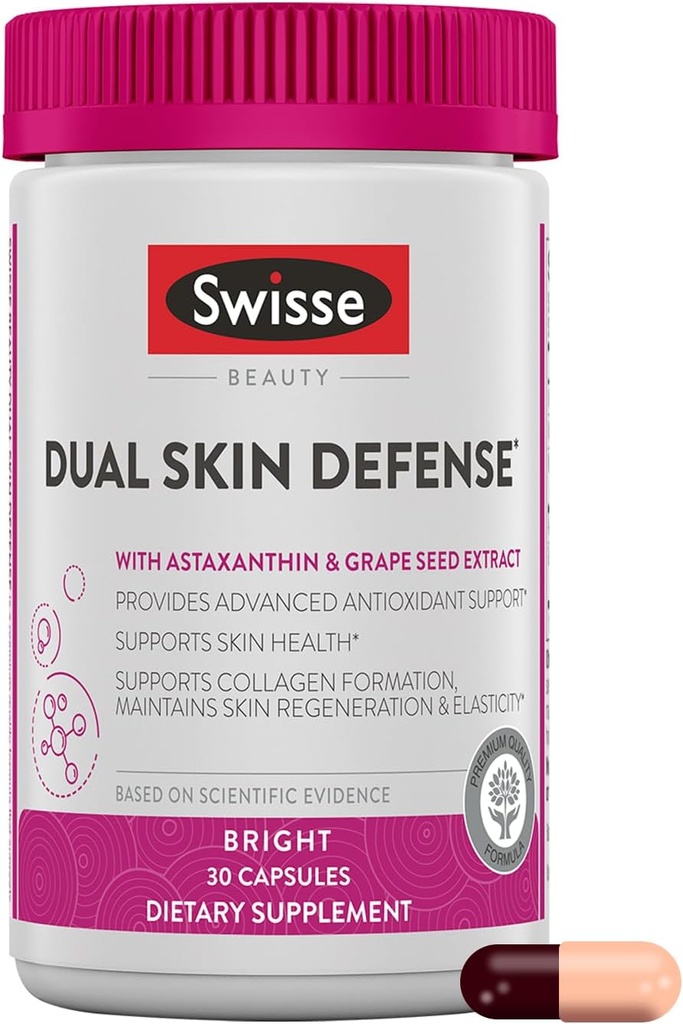 Swisse Beauty Dual Skin Defense Suplemento  Astaxanthin, Grape Seed Extract, and Vitamin C ← Apoya la formación de colágeno, Elasticidad de la piel, Protección antioxidante " Regeneración Ø 30 cápsulas