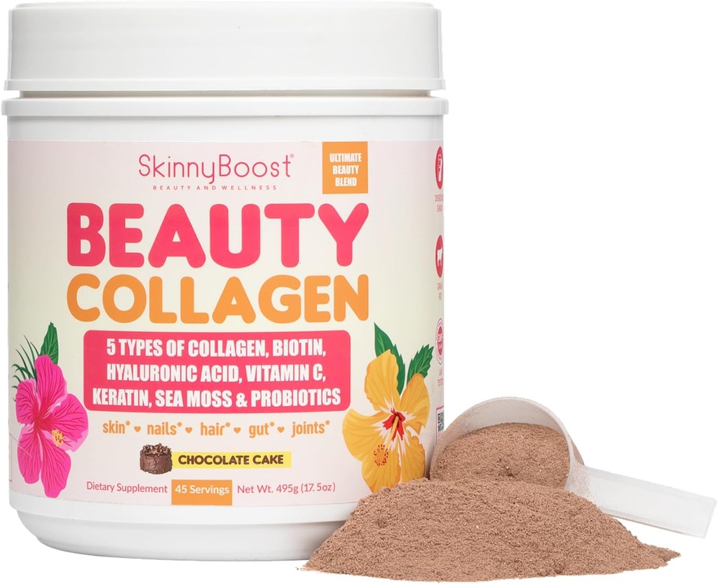 Collagen de belleza Powder-5 Tipos de Collagen hidrolizado, Moss del Mar, Biotina, Keratina, Ácido Hialurónico, Vitamina C y Probióticos – Hair, Esquí, uñas- Todo Natural, Hecho en USA-45 Servings- Chocolate