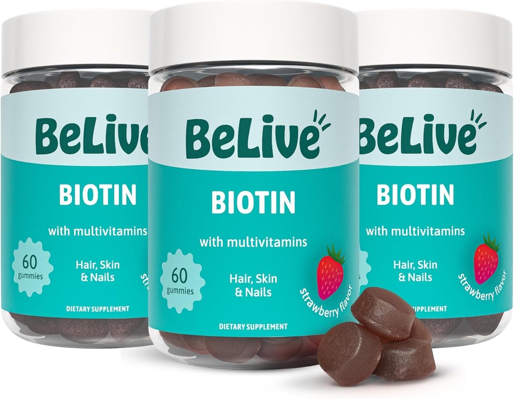 BeLive Biotin Gummies - Esquí, uñas " Hair Vitamins with A, C, D, E, B12, Zinc, Folate " Inositol, Biotin Supplement for Anti-Aging, Energy " Collagen Boost, Multivitamin Gummies - Strawberry ← 3-Pack