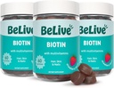 BeLive Biotin Gummies - Skin, Nails & Hair Vitamins with A, C, D, E, B12, Zinc, Folate & Inositol, Biotin Supplement for Anti-Aging, Energy & Collagen Boost, Multivitamin Gummies - Strawberry | 3-Pack