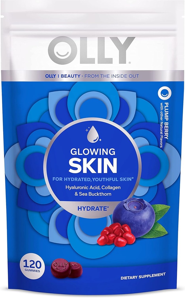 OLLY Glowing Skin Collagen Gummy, Hidratado, Joven Esquía, Ácido Hialurónico, Buckthorn Mar, Suplemento Chewable, Berry, 60 Day Supply - 120 Count Pouch (Pack de 6)
