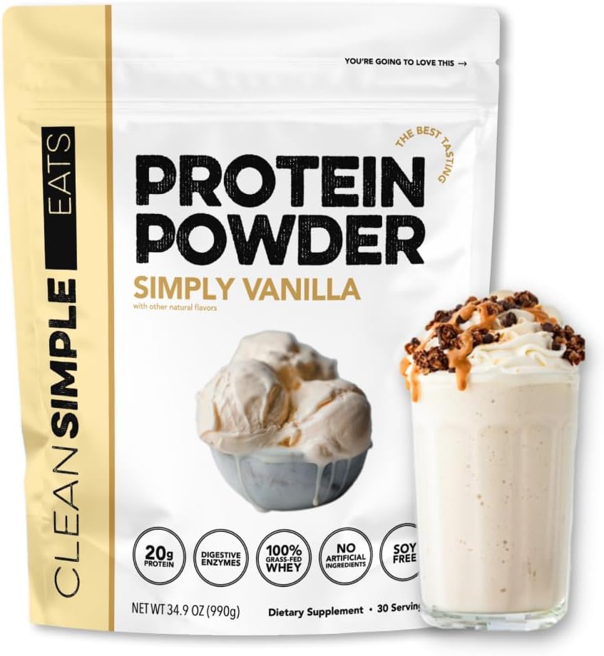 Comidas simples limpias Whey Protein Powder, Sencillamente Vainilla Flavor Naturalmente Endulzado, 100% Grass Fed Protein Powder con Enzimas Digestivas &amp; Sin Ingredientes Artificiales, Gluten Gratis, 30 Sirviendo