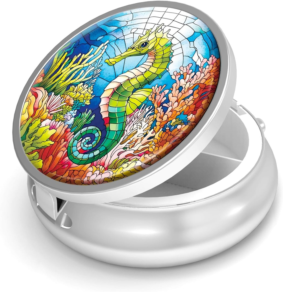 Pill Box-3 Compartment Small Pill Case for Purse &amp; Pocket Mini Metal Pill Holder Travel Pill Container to Hold Supplements Vitamins BPA-Free (Seahorse)