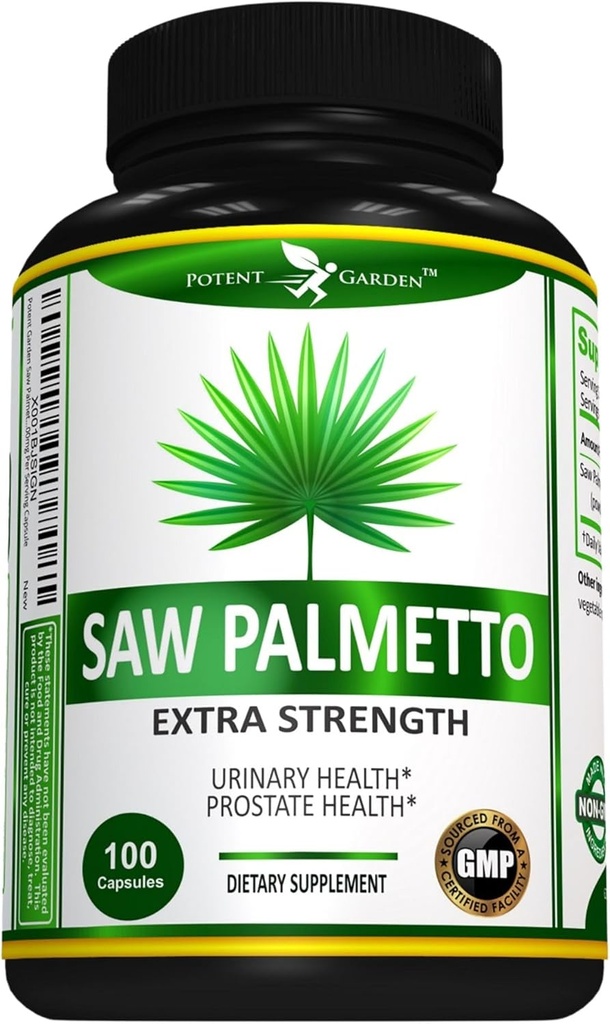 Potent Garden Saw Palmetto 500 mg - Suplementos de próstata para hombres - Apoyos Frecuencia saludable de la orina " Flujo - No GMO, 100 Saw Palmetto Capsules