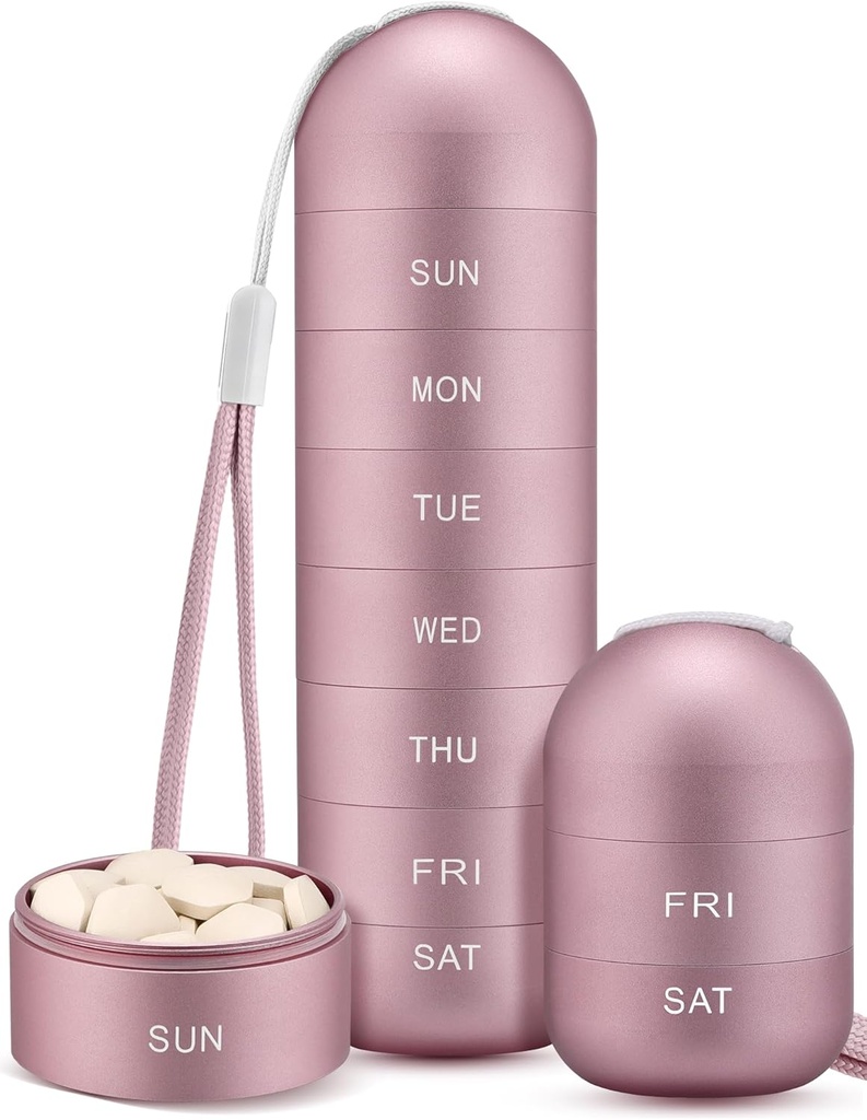 Zannaki Metal Moisture Proof Weekly Pill Organizer, Stackable Aluminum Alloy BPA Free Travel Hiking 7 Day Pill Box Fund Waterproof and Large Compartment to Hold Pills, Vitaminas, Fish Oil, Suplementos
