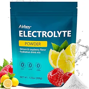 Airboy Electrolytes Powder No Sugar, Keto Electrolyte Mix, 1000 mg de Potasio, Bajo Sodio, Lemon Raspberry Flavor Hydration Drink Suplemento para el Alivio de Dehidratación y Rehidratación, 32Servings