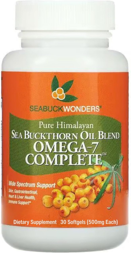 SeabuckWonders Orgánica Sea Buckthorn Oil, Omega-7 Full Softgels, 30 Cuenta, con Omega 3, 6 &amp; 9, soporta el cabello, piel &amp; salud de uñas, 1000 mg por servicio