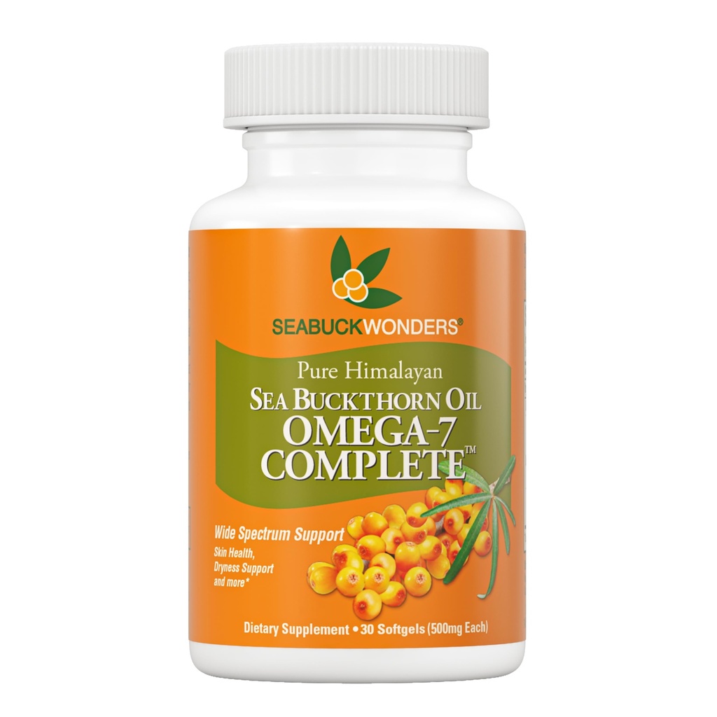 SeabuckWonders Orgánica Sea Buckthorn Oil, Omega-7 Full Softgels, 30 Cuenta, con Omega 3, 6 &amp; 9, soporta el cabello, piel &amp; salud de uñas, 1000 mg por servicio