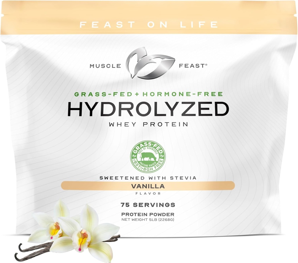 Muscle Feast Hydrolyzed Whey Protein Powder, Grass Fed and All Natural Hormone-Free, Hydro Whey Powder for Hombre and Women, Gluten Free, Non-GMO, Delicious Hydrolyzed Protein Powder, Vanilla, 5lb