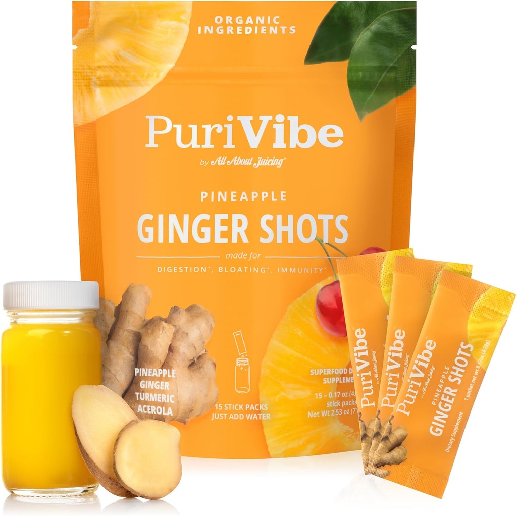 All About Juicing Ginger Shots with Pineapple &amp; Turmeric - Superfood Juice Powder - Inmunity, Digestion & Energy Support - 15 Wellness Stick Packs - PuriVibe
