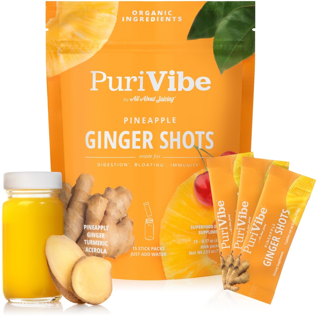 All About Juicing Ginger Shots with Pineapple &amp; Turmeric - Superfood Juice Powder - Inmunity, Digestion & Energy Support - 15 Wellness Stick Packs - PuriVibe
