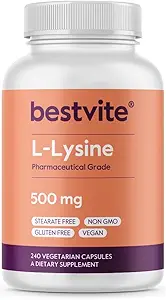 BESTVITE Filler-Free L-Lysine 500mg (240 Veg Capsules) - Vegan - No Stearates o Fillers - No GMO - Gluten Free - No Dicalcium Phosphate - Amino Acid Supporting Skin, Lip & Immune Health*